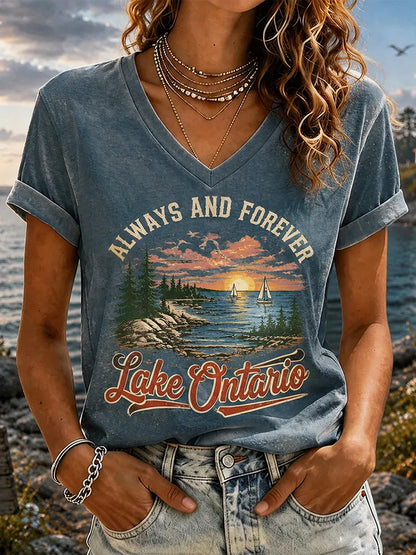 Cardydony Retro Sunset Lakeside Ontario Timeless V-neck T-shirt