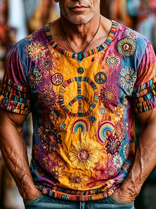 Cardydony Men's Hippie Peace Symbol And Floral Embroidery Art Distressed Gradient Embroidery Crew Neck Short Sleeve Top