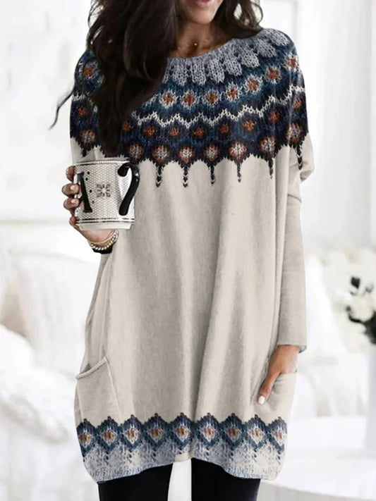 Cardydony Retro Icelandic Pattern Pocket Crew Neck Tunic