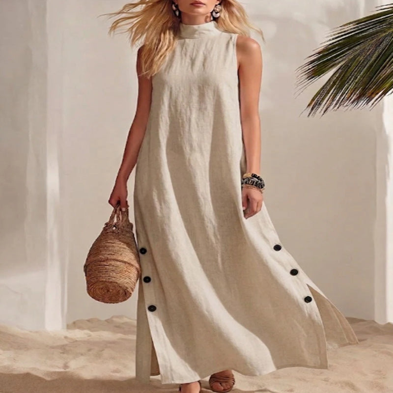 Cardydony Women's Solid Color Stand Collar Sleeveless Button Slit Linen Blend Midi Dress