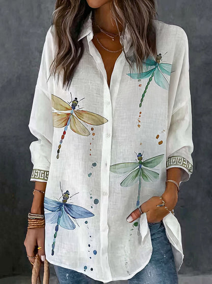 Cardydony Retro Dragonfly Pattern Linen Long Sleeve Tops