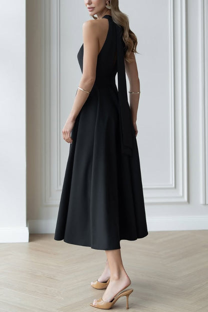 Cardydony Women's Solid Color Halter Neck Bow Tie Elegant Waist-cinching Midi Dress