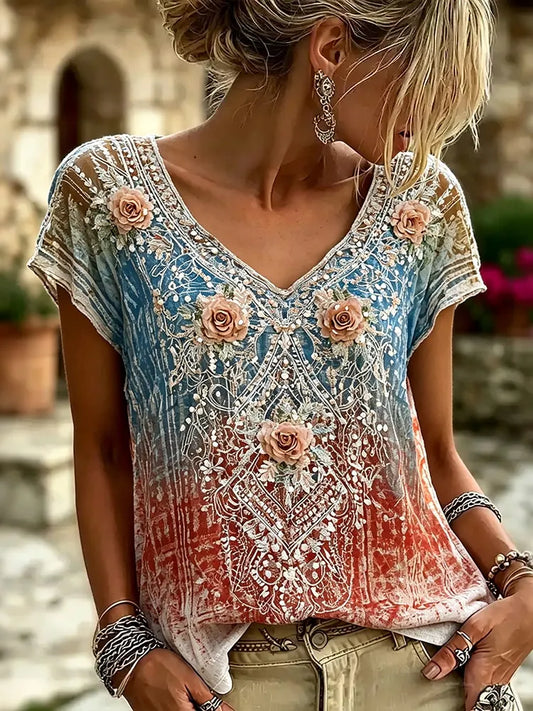 Cardydony Women's Vintage Rose Embroidery V-neck Gradient Short Sleeve T-shirt