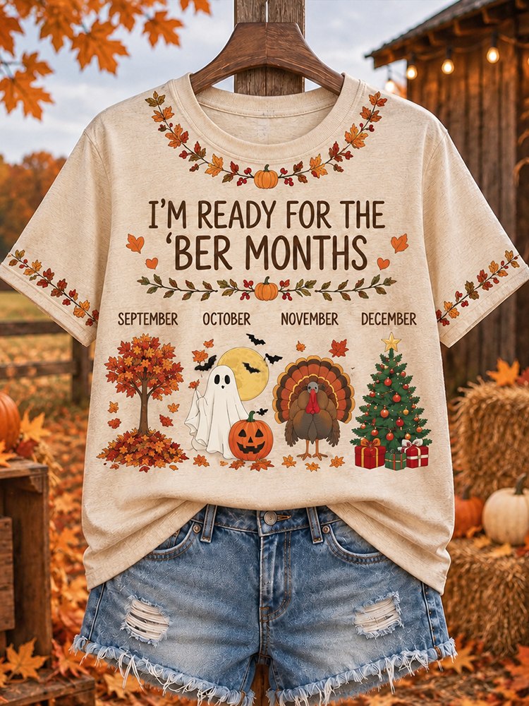Cardydony Women's "i'm Ready For The 'ber Months" Seasonal Foliage Ghost Turkey And Christmas Tree Graphic T-shirt