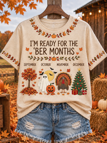Cardydony Women's "i'm Ready For The 'ber Months" Seasonal Foliage Ghost Turkey And Christmas Tree Graphic T-shirt