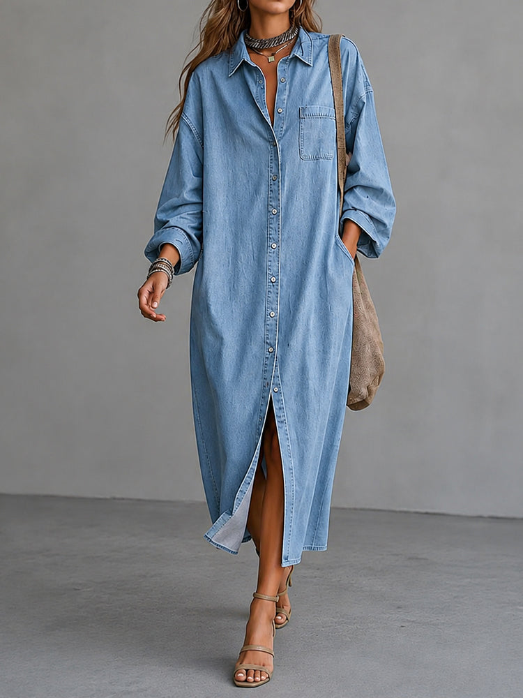 Cardydony Elegant Casual Single-breasted Collar Shirt Maxi Dress