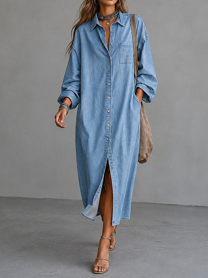 Cardydony Elegant Casual Single-breasted Collar Shirt Maxi Dress
