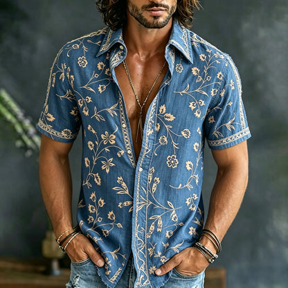 Cardydony Men's Spring Summer Floral Embroidered Art Print Flowy Linen Blend Short Sleeve Shirt