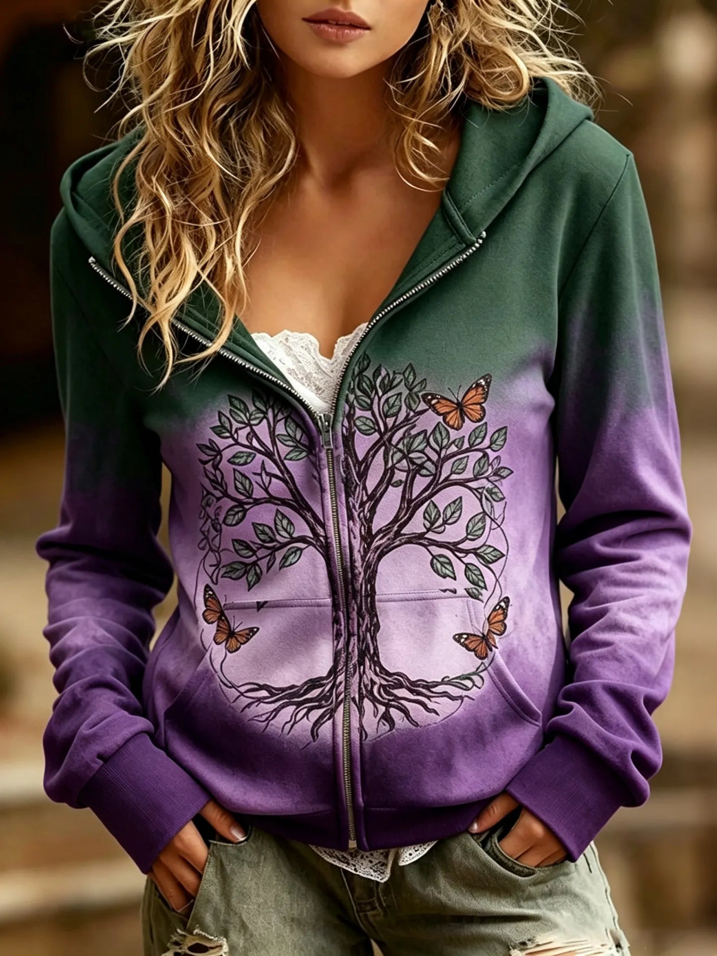 Cardydony Women's Vintage Tree Of Life Monarch Butterfly Print Zip‑up Hoodie Boho Ombre Gradient Casual Hooded Jacket