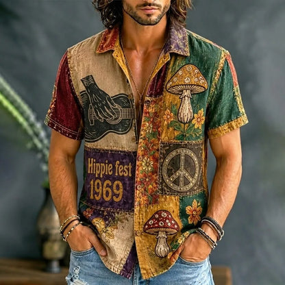Cardydony Men's Hippie Peace Love Music Patchwork Print Short Sleeve Shirt