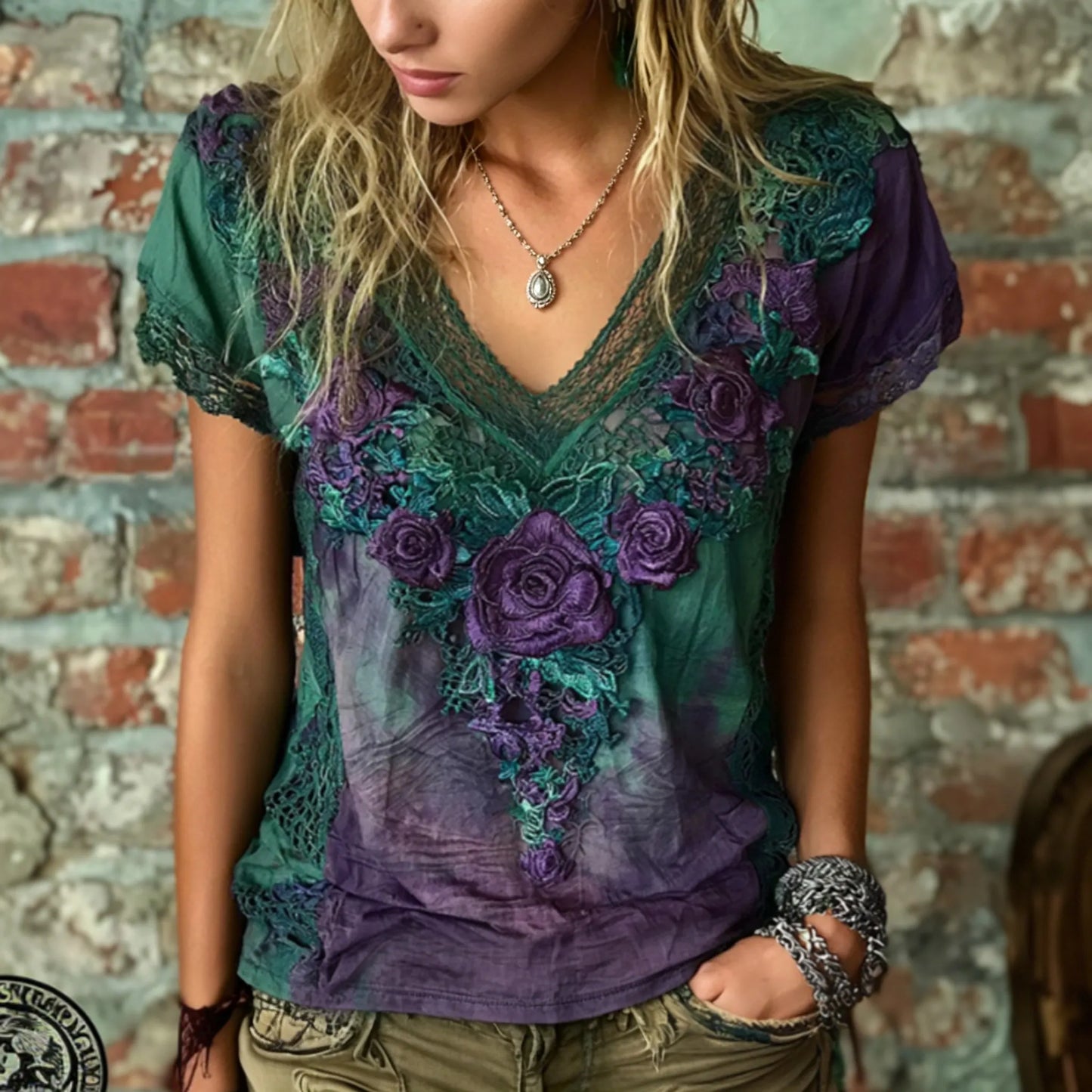 Cardydony Women's Retro Bohemian Style Floral Rose Embroidery Print V-neck Top