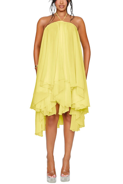 Cardydony Women's Chiffon Solid Color Halter Backless Irregular Mini Dress