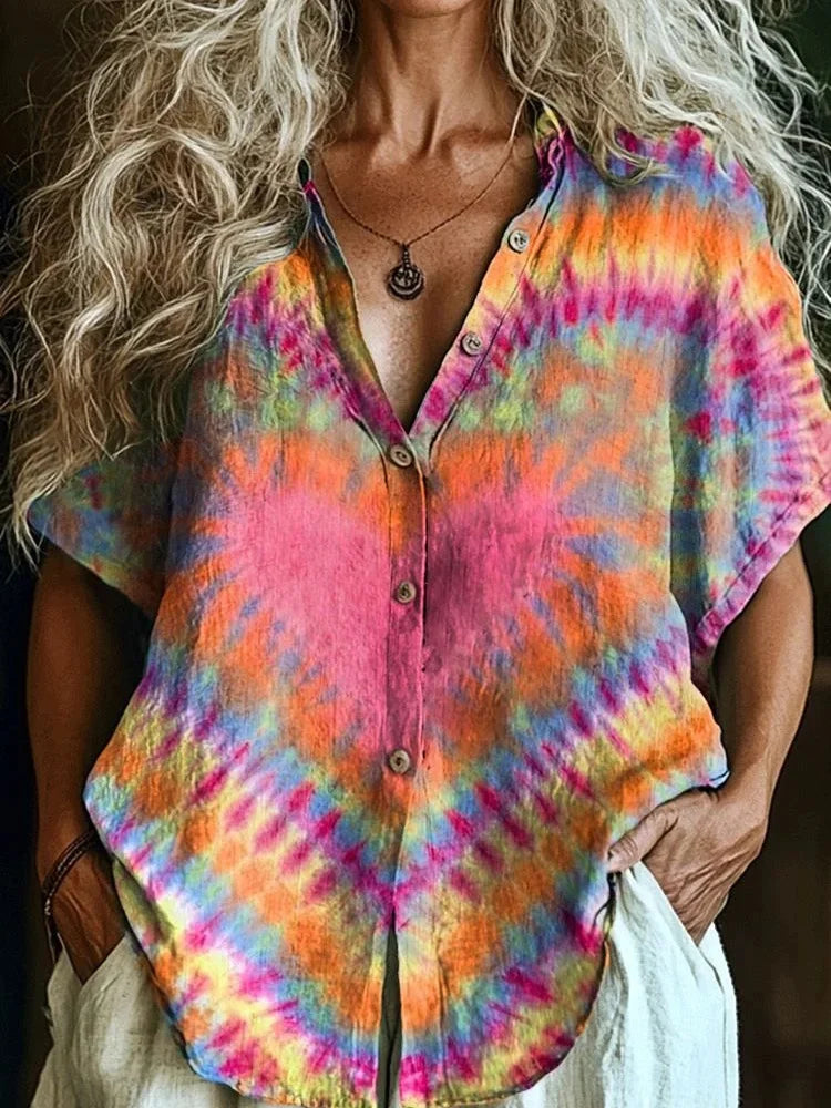 Cardydony Women's Tie-dye Heart Art Print Casual Short Sleeve Shirt