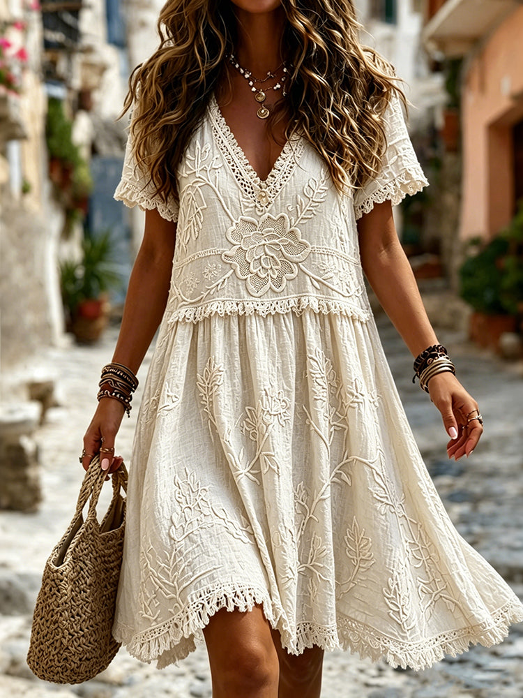 Cardydony Women's Vintage Floral Art Print Casual V Neck Linen Blend Midi Dress