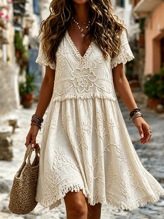Cardydony Women's Vintage Floral Art Print Casual V Neck Linen Blend Midi Dress