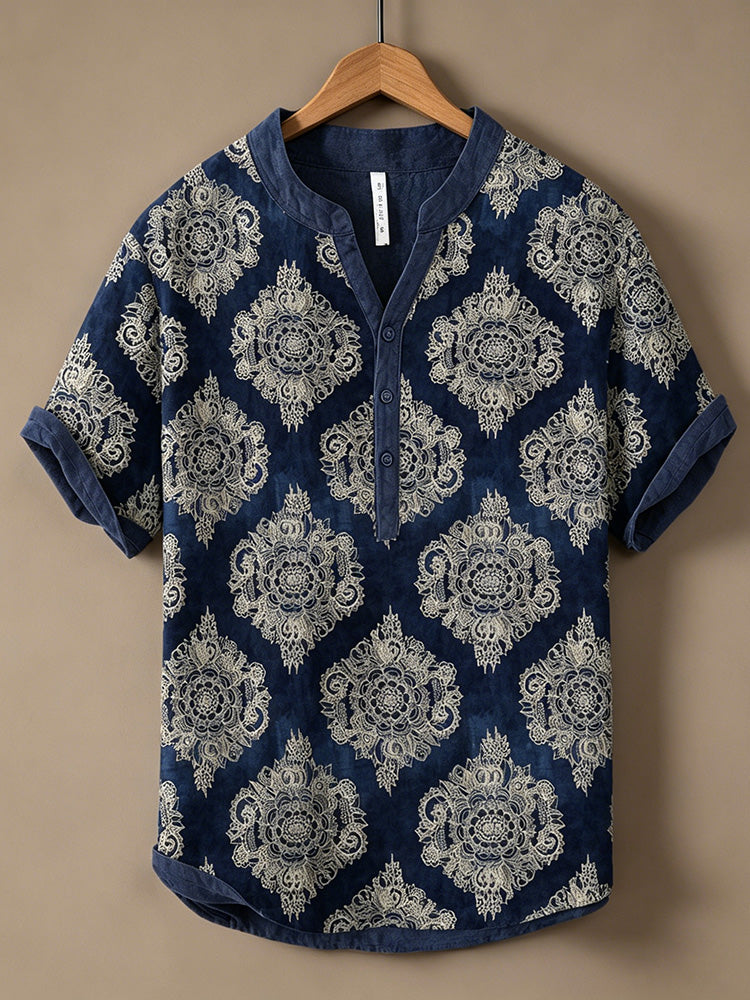 Cardydony Men's Japanese Art Ethnic Print Cotton Linen Top