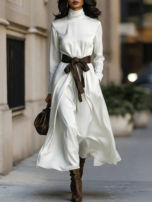 Cardydony Classy Color Blocked Belted Turtleneck Flowy Maxi Dress