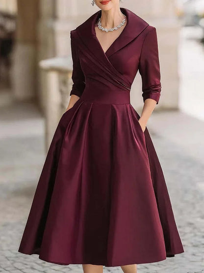 Cardydony Vintage-inspired Satin Midi Dress With Draped Collar