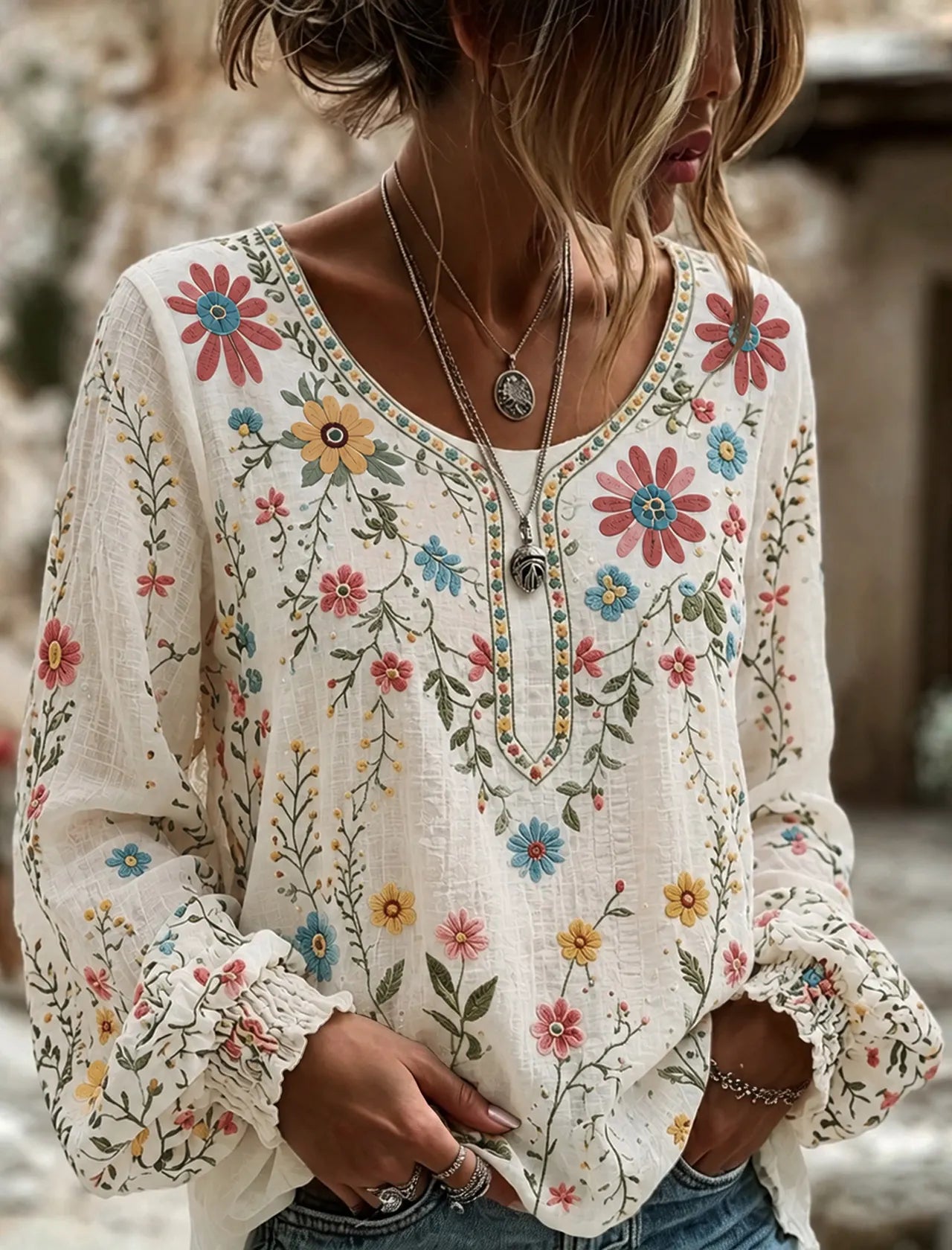 Cardydony Women's Vintage Floral Art Print Flowy Linen Blend Linen Blend Long Sleeve Casual Tops