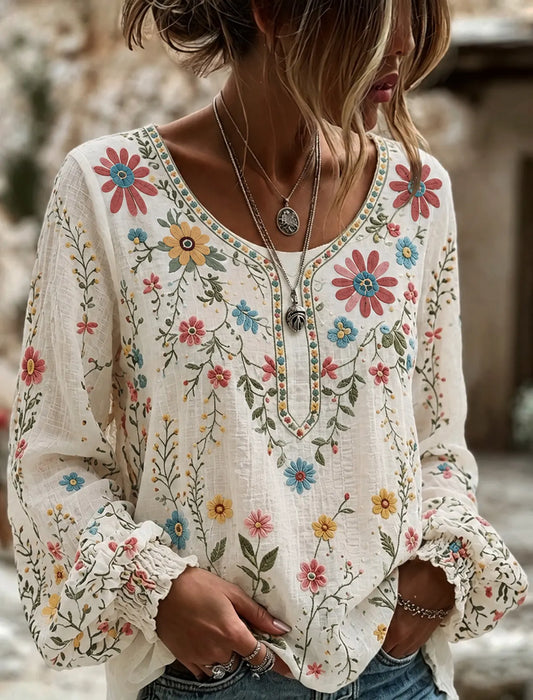 Cardydony Women's Vintage Floral Art Print Flowy Linen Blend Linen Blend Long Sleeve Casual Tops