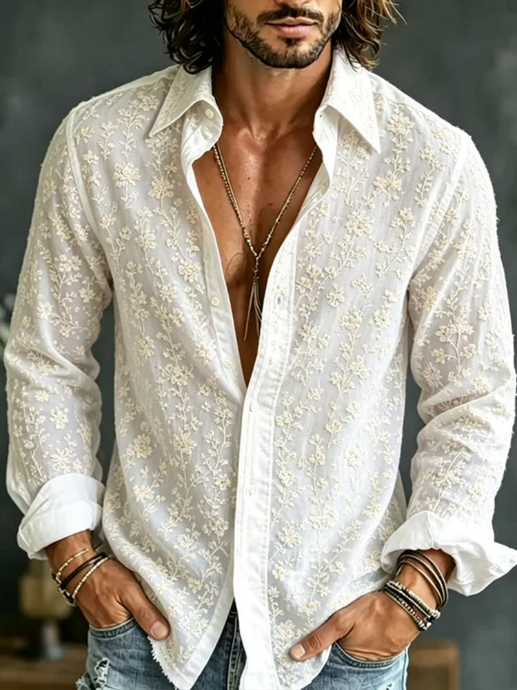 Cardydony Men's Small Floral Embroidery Art Comfortable Cotton Linen Casual Long Sleeve Shirt