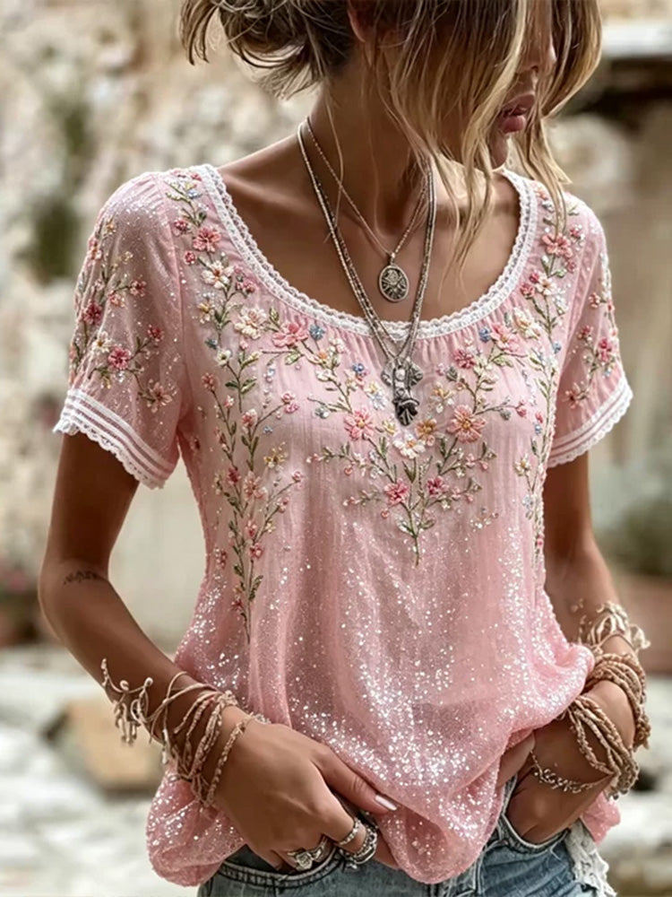 Cardydony Women's Pink Floral Embroidery And Sequin Art Casual T-shirt