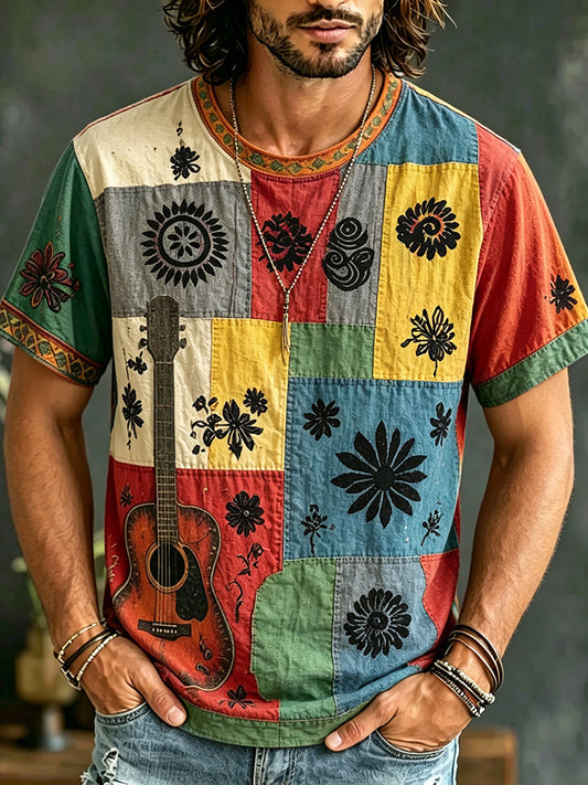 Cardydony Men's Retro Hippie Patchwork Guitar Print T-shirt