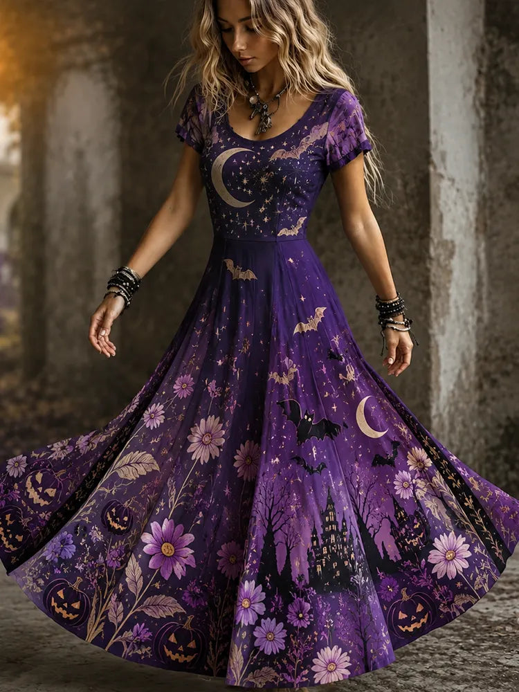 Cardydony Women's Gothic Purple Floral, Pumpkin, Moon And Haunted House Print Maxi Dress