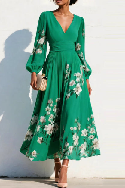Cardydony Women's  Floral Print V-neck Long-sleeved Fitted Waist Casual Maxi Dress