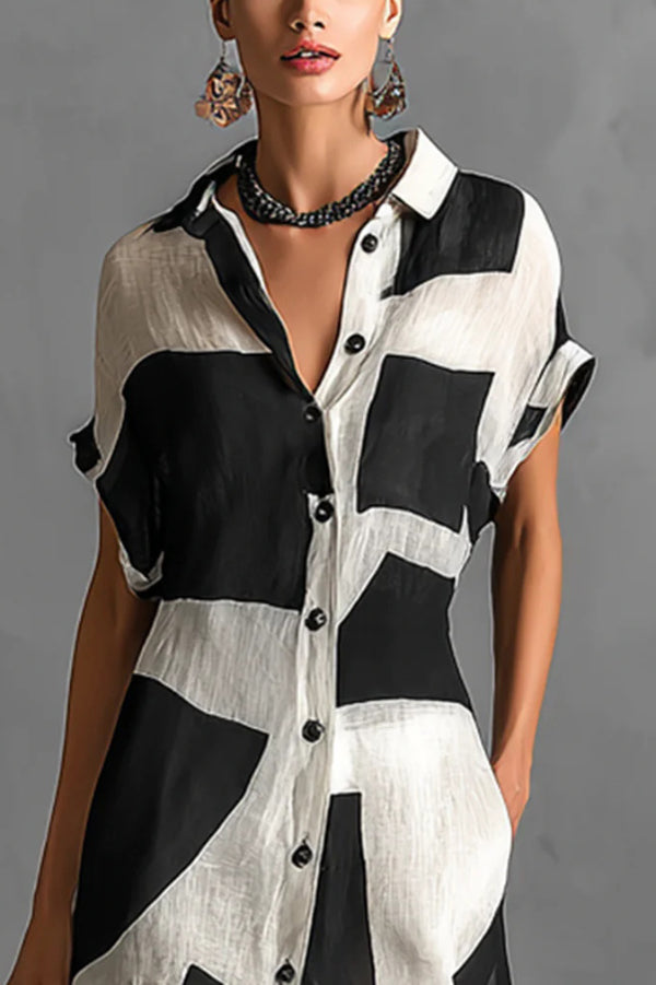 Cardydony Women's  Geometric Color-blocked Print Lapel Short-sleeved Button-down Casual Maxi Dress