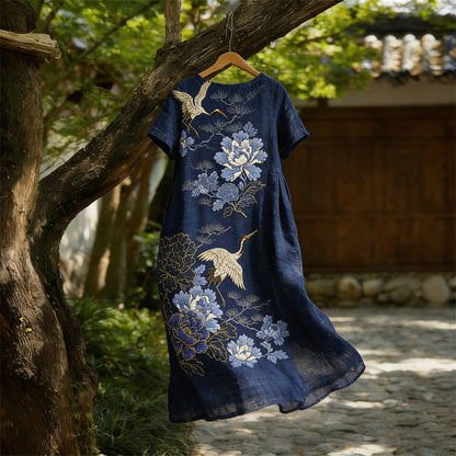 Cardydony Classy Cranes & Flowers Japanese Art Flowy Linen Maxi Dress