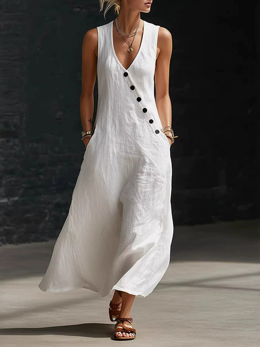 Cardydony Women's Retro Casual Button Design Linen Blend Maxi Dress