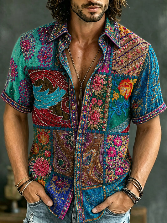 Cardydony Men's Retro Hippie Flower Patchwork Art Print Short Sleeve Shirt