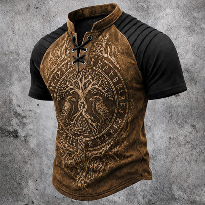 Cardydony Retro Viking Casual Color Block Printed Cotton Linen Top