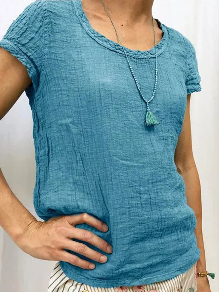 Cardydony Vintage crew neck casual linen T-shirt