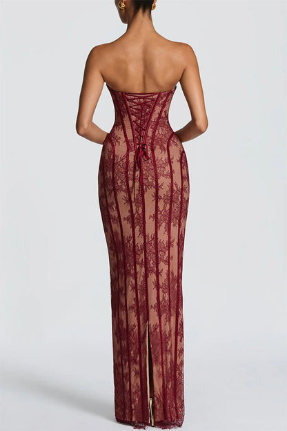 Cardydony Women's Sian Floral Lace Contrast Structural Detail Back Lace-up Strapless Slit Maxi Dress