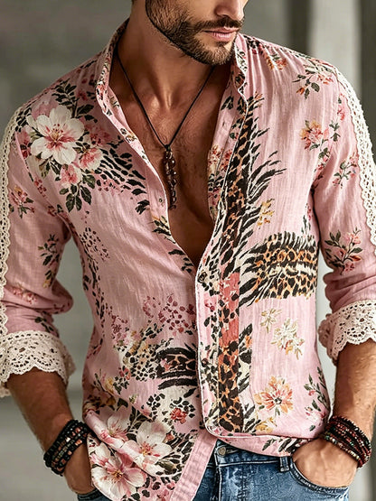 Cardydony Men's Retro Bohemian Floral Lace Vacation Shirt