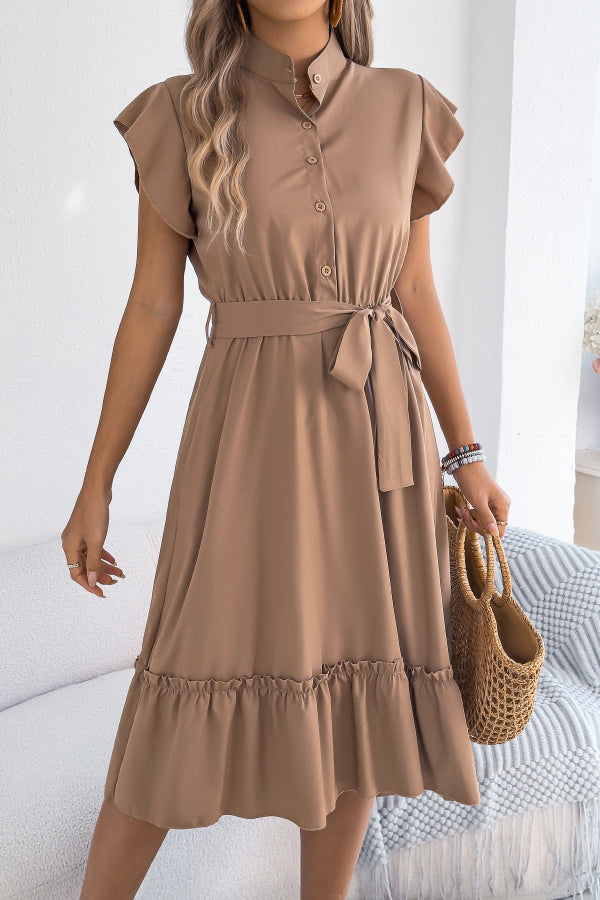 Cardydony Women's Solid Color Stand Collar Button Waist Tie Casual Midi Dress