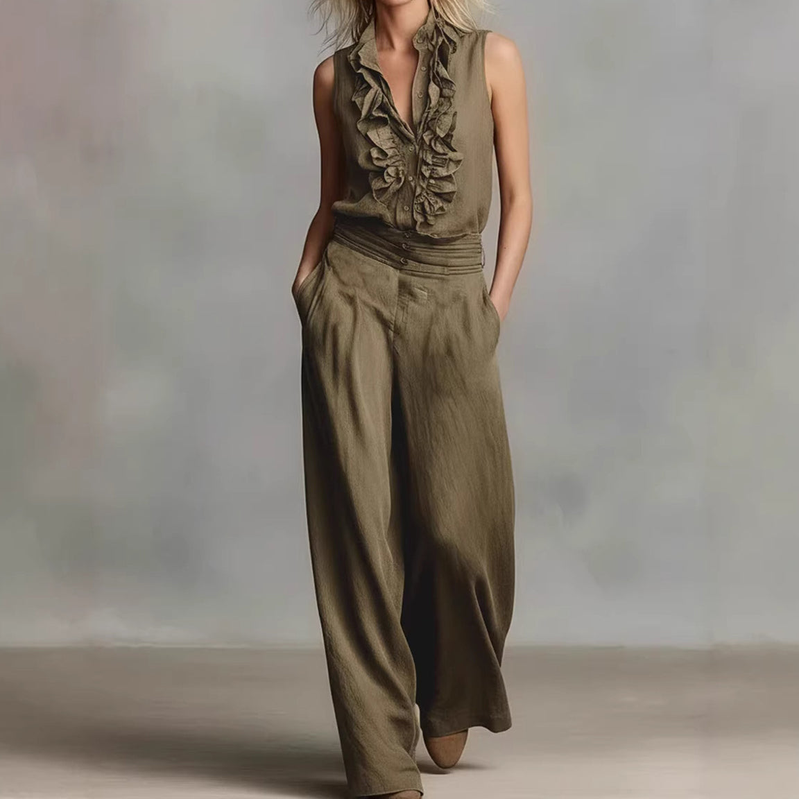 Cardydony Simple Linen Blend Sleeveless Shirt And Wide-leg Pants Set