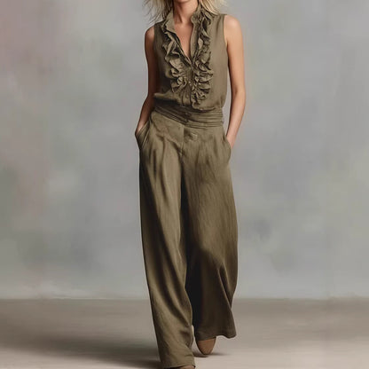 Cardydony Simple Linen Blend Sleeveless Shirt And Wide-leg Pants Set