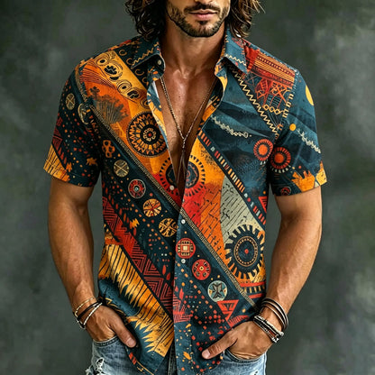 Cardydony Men's Retro Abstract Geometric Pattern Casual Short-sleeve Shirt