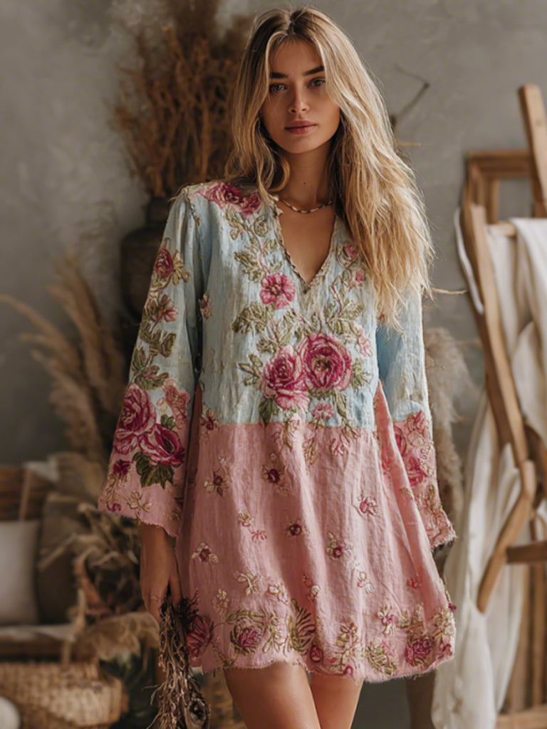 Cardydony Women's V Neck Boho Classy Gradient Pink Roses Embroidered Art Casual Dress