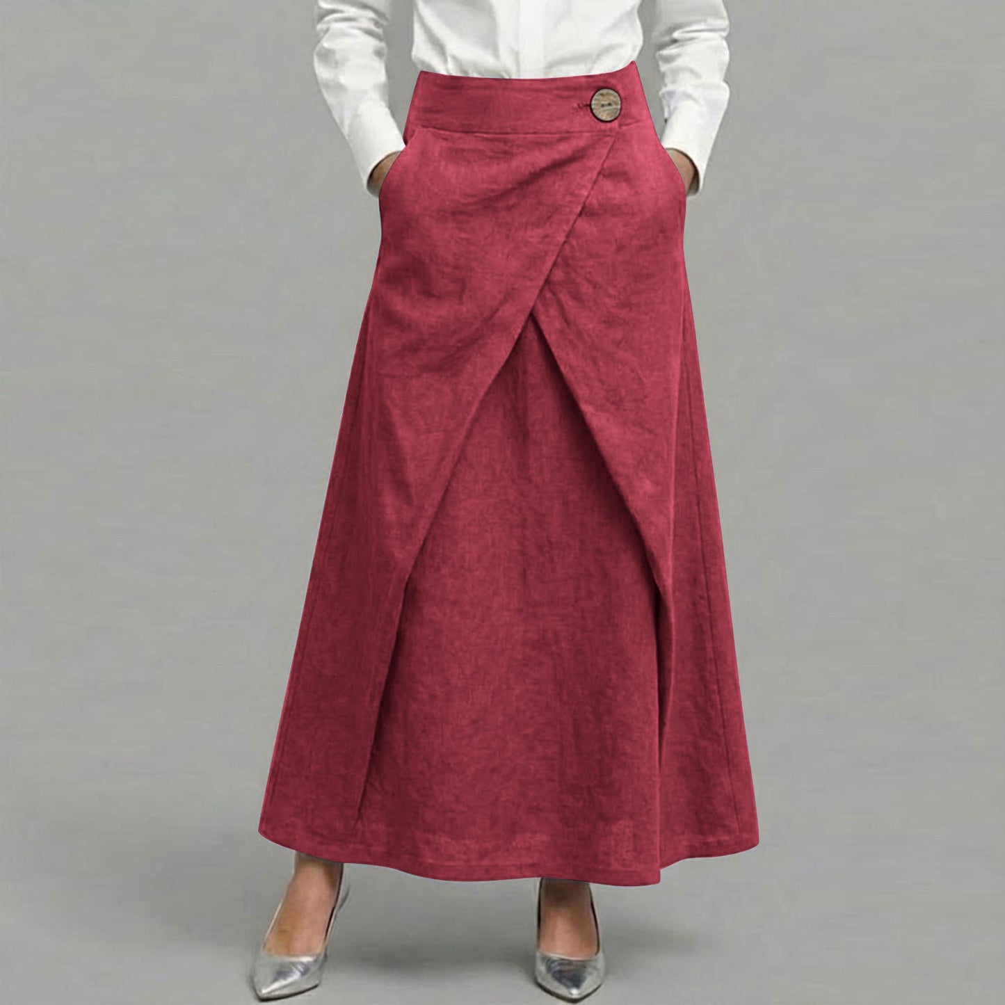 Cardydony Women's Casual Retro Slanted Button Cotton And Linen Skirt