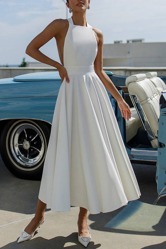 Cardydony Women's Solid Color Halter Neck Bow Tie Elegant Waist-cinching Midi Dress