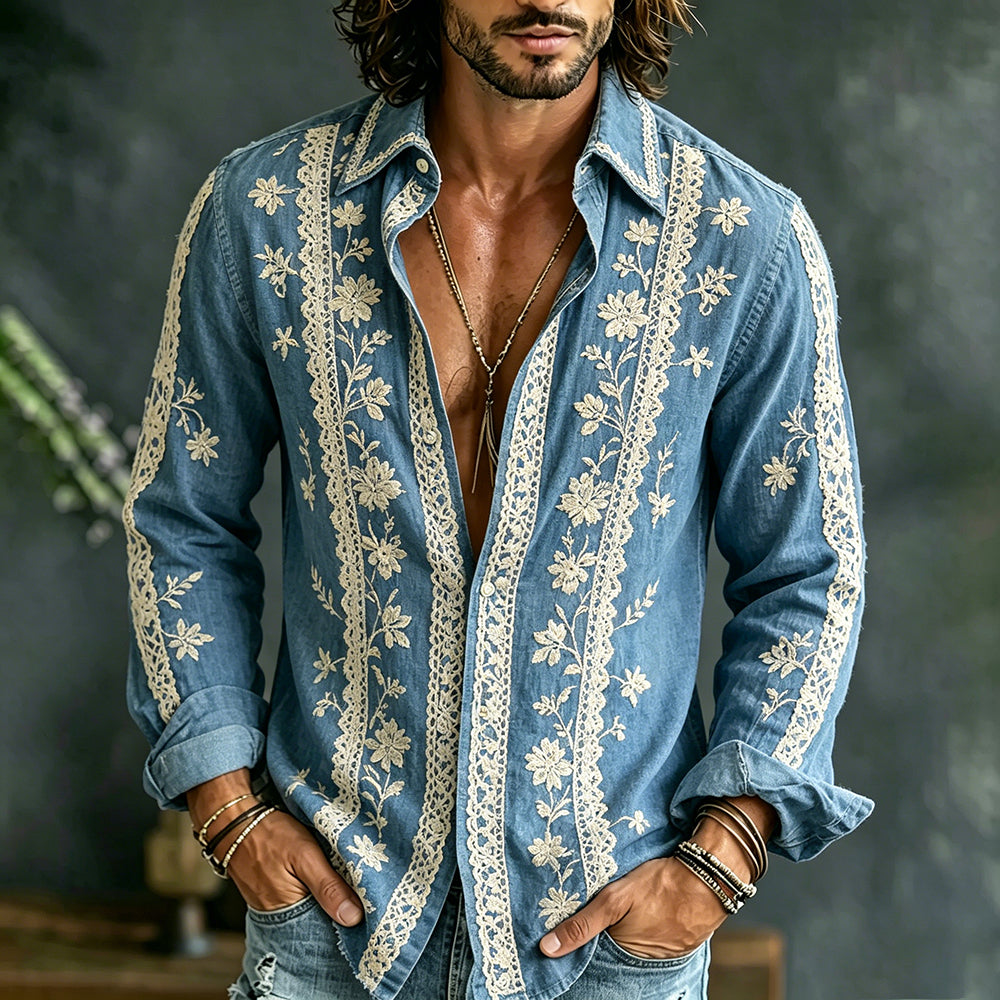 Cardydony Men's White Floral And Lace Art Cotton Linen Casual Long Sleeve Shirt