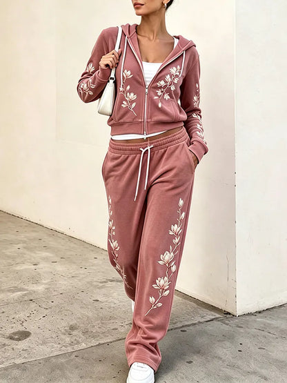 Cardydony Women's Retro Japanese Cherry Blossom Art Casual Sports Suit Two-piece Set