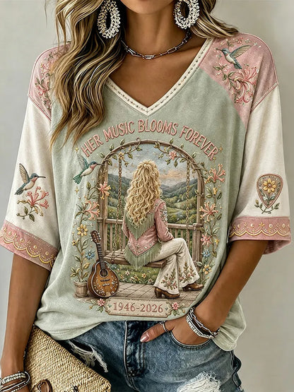 Cardydony Women's Her Music Blooms Forever Printed V-neck T-shirt