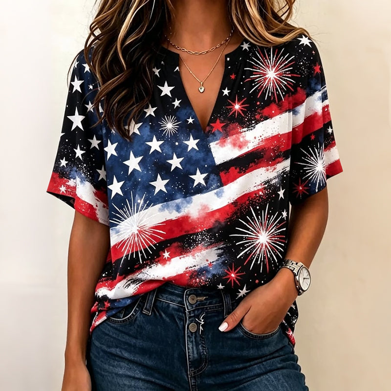 Cardydony Women's Vintage Independence Day Flag Art Print V Neck Short Sleeve Blouses