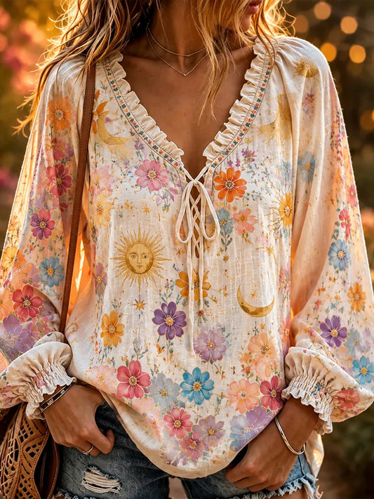 Cardydony Women's Boho Vintage Sun, Moon And Colorful Floral Print Tie-neck Blouse