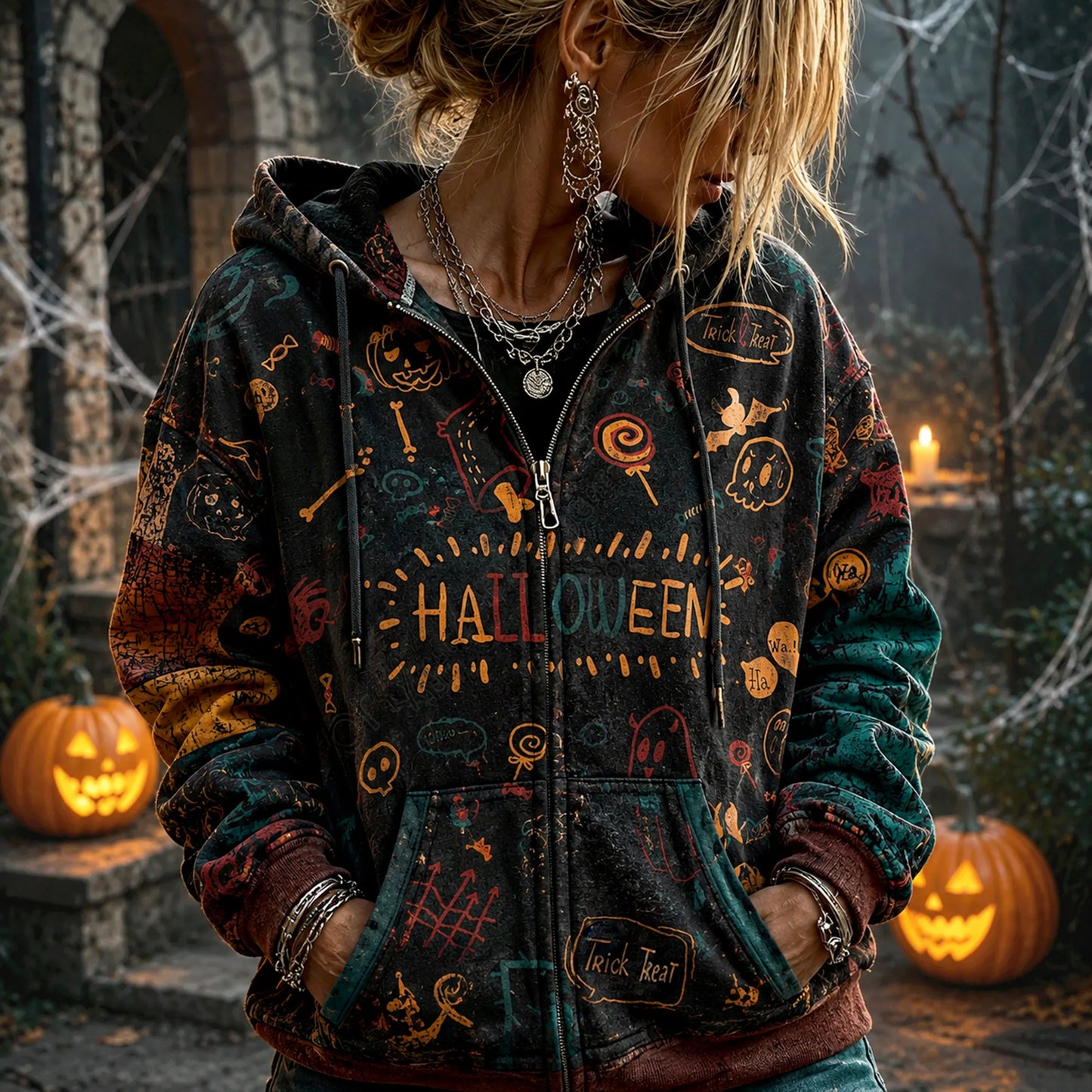 Cardydony Women's Retro Halloween Pumpkin Ghost Print Washed Distressed Long-sleeve Casual Hooded Jacket